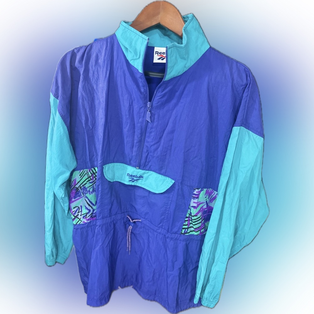 Reebok Retro Windbreaker Jacket M Purple Teal 90s Half Zip Pullover